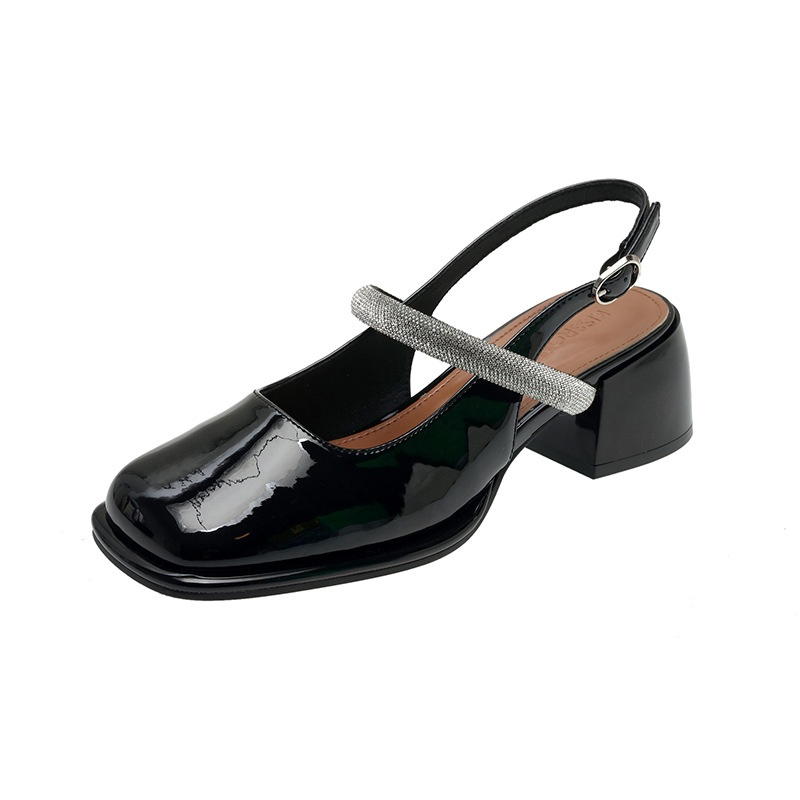 Giày xăng đan IELGY cao gót mũi vuông bằng da đính đá thời trang cho nữ