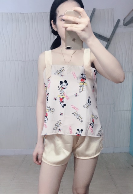 Set hai dây bản to quần đùi lụa satin cao cấp thiết kế
