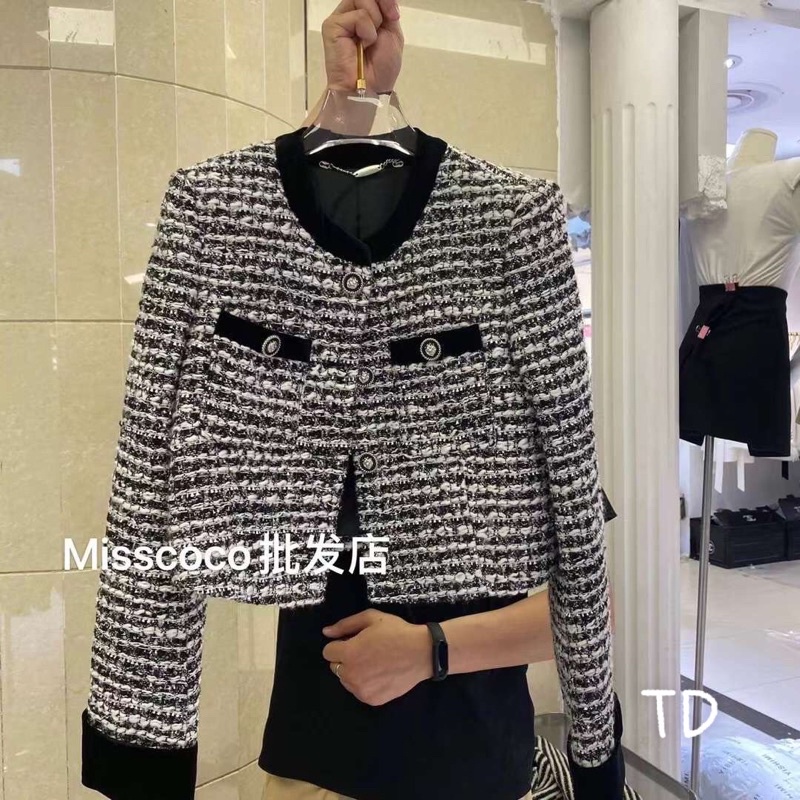 Áo khoác dạ tweed xám viền đen hàng QC