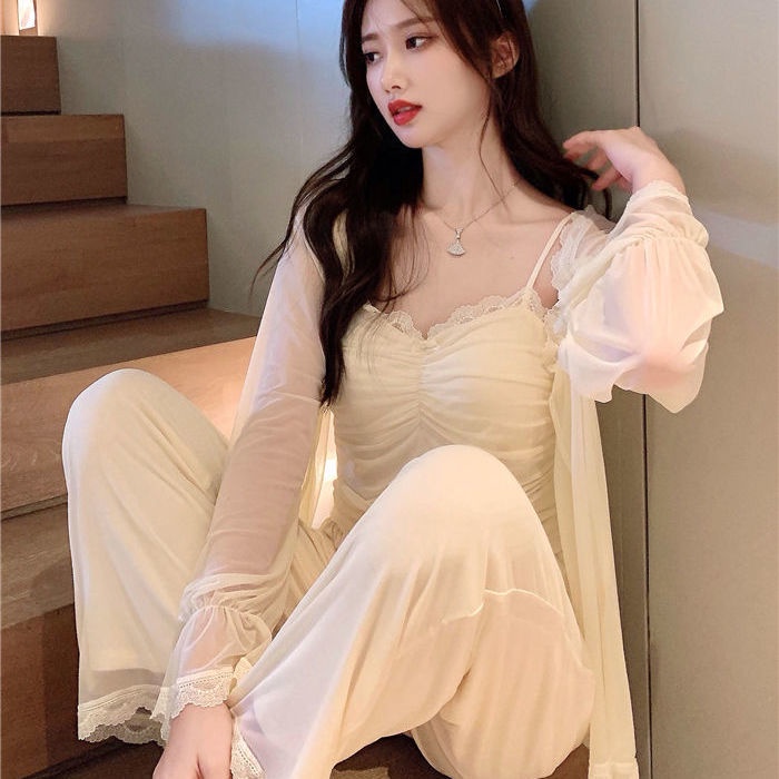 Bộ đồ ngủ ba món phối ren màu trơn thời trang xuân thu cho nữ (có bán lẻ)