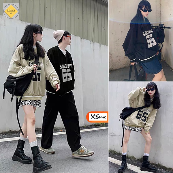 Áo Sweater Nam Nữ Cổ V In 65 - Áo Thu Đông Chất Nỉ Ngoại Mềm Mịn 2 Màu Đen + Be Hottrend 2021 Unisex X.Store