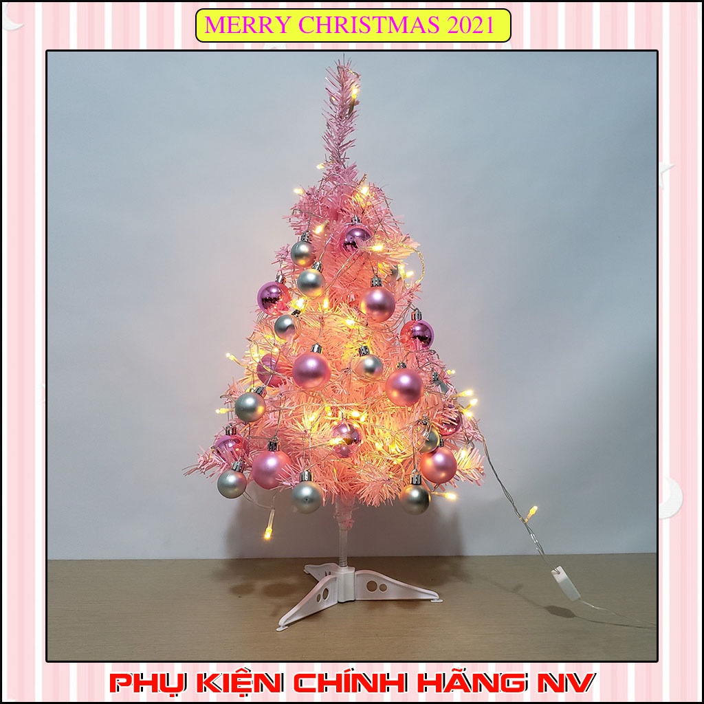 Cây Thông Noel 60CM Màu Hồng Trang Trí Dây Led Và Quả Châu Cực Đẹp
