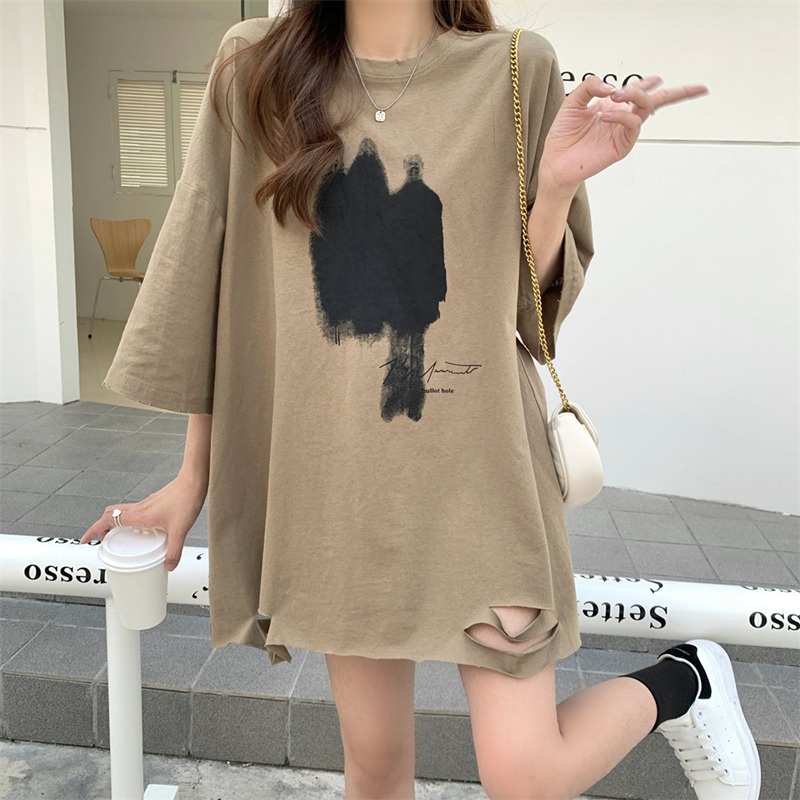 Áo thun ZHELIHANGFEI tay ngắn dáng rộng in họa tiết thời trang mùa hè cho nữ