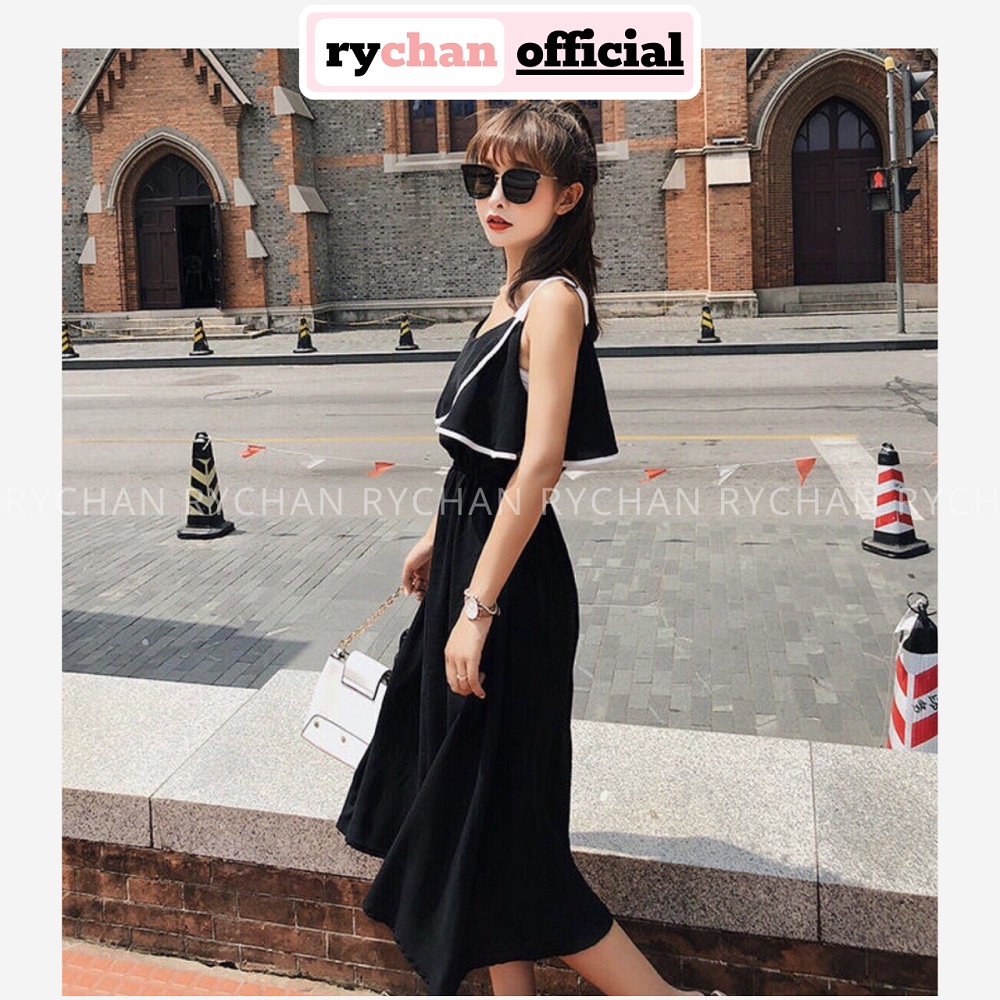 DM819 - Đầm Maxi Hai Dây Viền Trắng Đi Biển