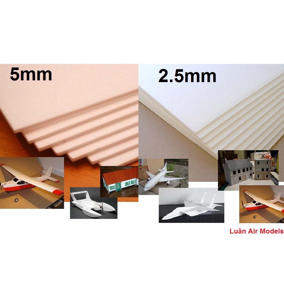 8 tấm xốp Depron 5mm + 8 tấm 2.5mm làm mô hình máy bay, tàu, xe, nhà cửa  - Luân Air Models