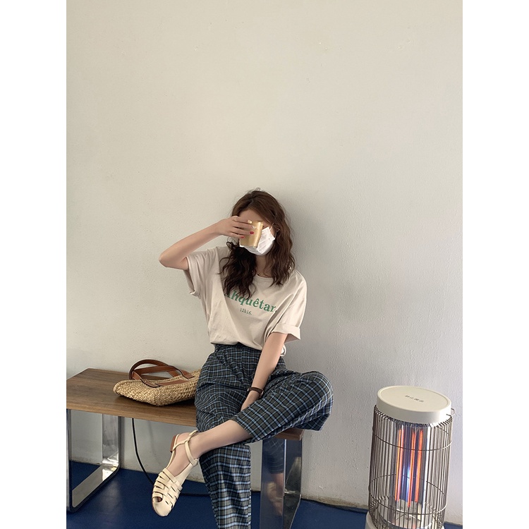 Quần ống rộng kẻ sọc Caro Cạp cao Retro Phong cách Hàn Quốc Form rộng Thời trang