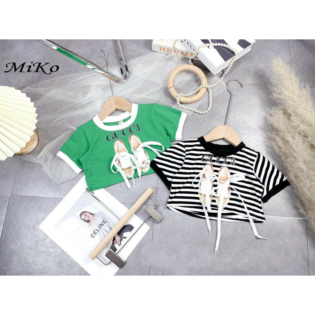 Áo thun croptop phong cách cho bé gái phối đồ hình đôi giày mẫu mới nhất từ 12-35kg chất cotton mềm mát