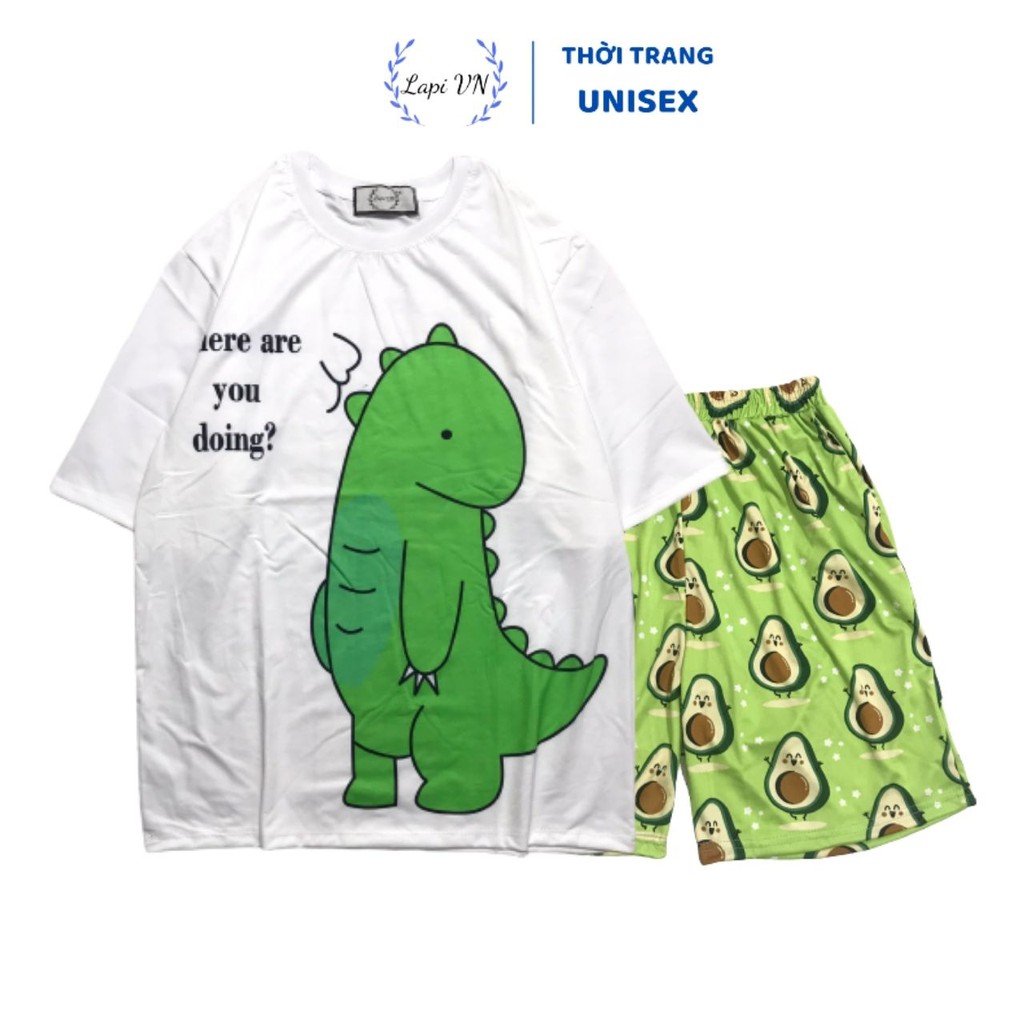 Set Đồ Bộ Khủng Long Xanh Đáng Yêu cartoon 3D Cute -Lapi VN Quần Đùi Vải Thun Cotton, Freesize,Tay Lỡ