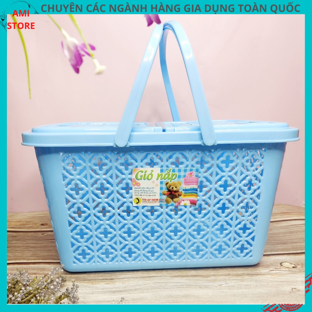Giỏ nhựa chữ nhật 2 quai có nắp đậy đựng đồ đi sinh/quần áo trẻ em/ đồ chơi/dụng cụ đa năng Tân Lập Thành