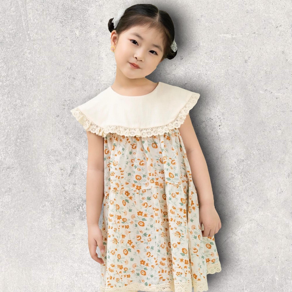 Váy bé gái cổ yếm babydoll viền bèo họa tiết hoa nhí vintage SHUSHI