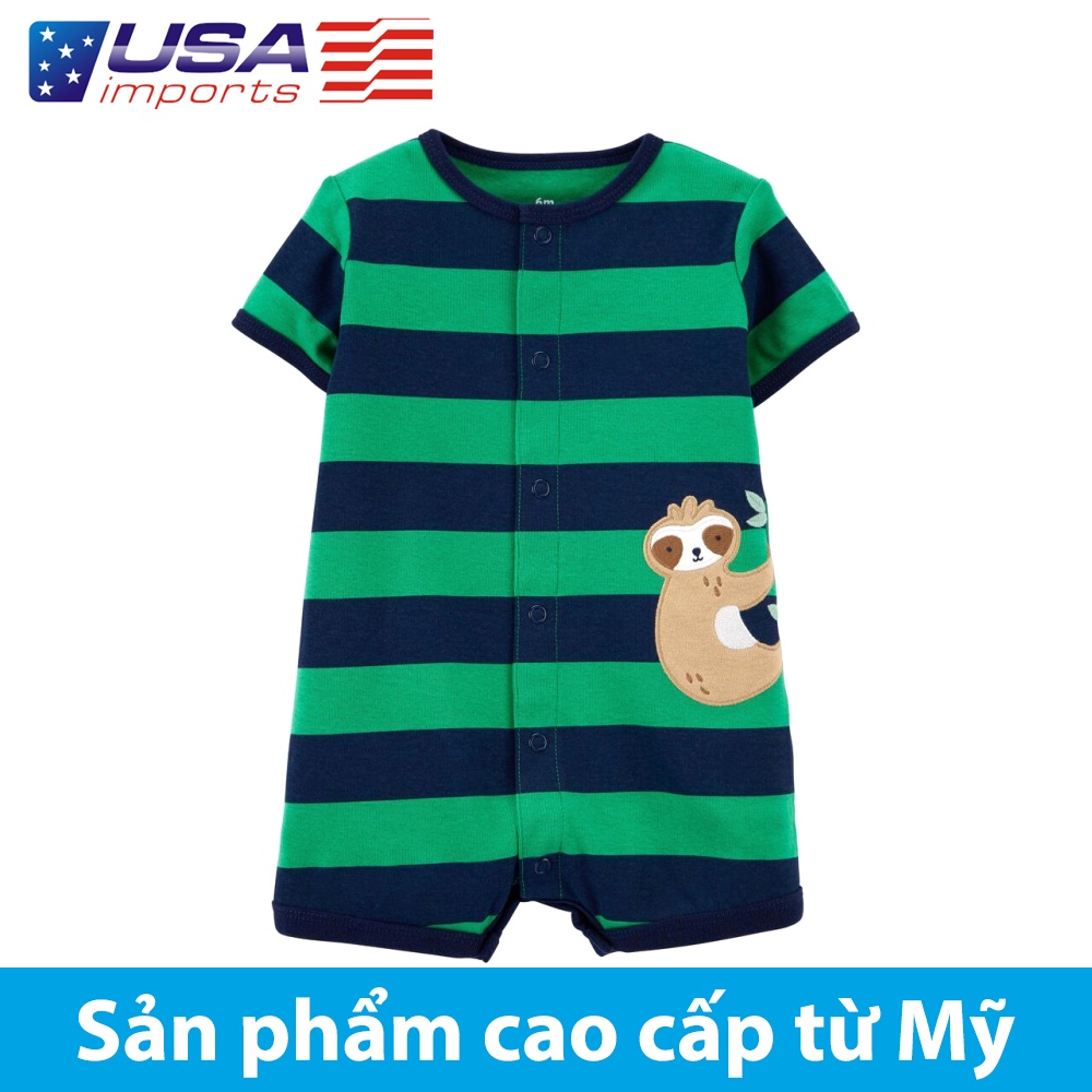 Áo liền thân dạng đùi cotton xanh sọc thêu Sloth Car-tờ Auth Từ Mỹ (1K521410)