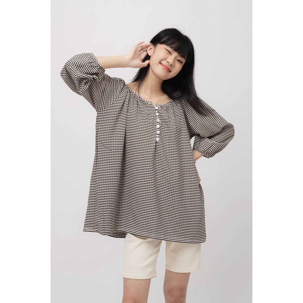 [SALE UP TO 50%] Áo cổ tròn phối nút tay dài caro LENCLOTHING 7453