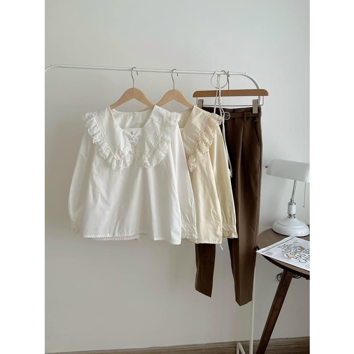 [ẢNH THẬT] Áo Sơ mi vintage Bèo Viền Cổ Dáng Form Rộng Hàn Quốc