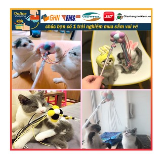 35CM Cần câu mèo đồ chơi nhử mèo thú cưng tập tương tác đính lông vũ