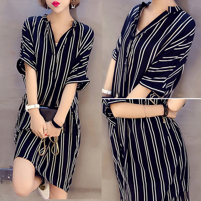 Đầm Tay Ngắn Dáng Rộng Cổ Chữ V Hoạ Tiết Kẻ Sọc Có Size Lớn 5xl Dành Cho Nữ