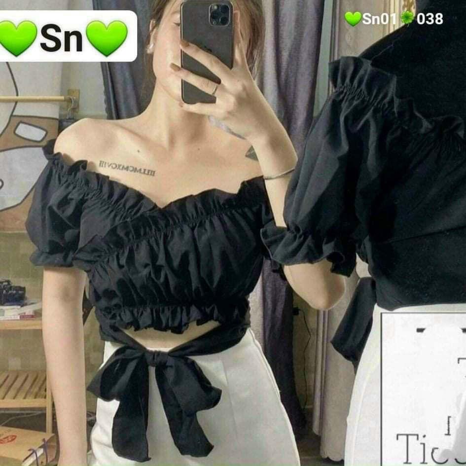 Áo kiểu croptop viền bèo chéo dây cực xinh , chất kate mềm mịn mát