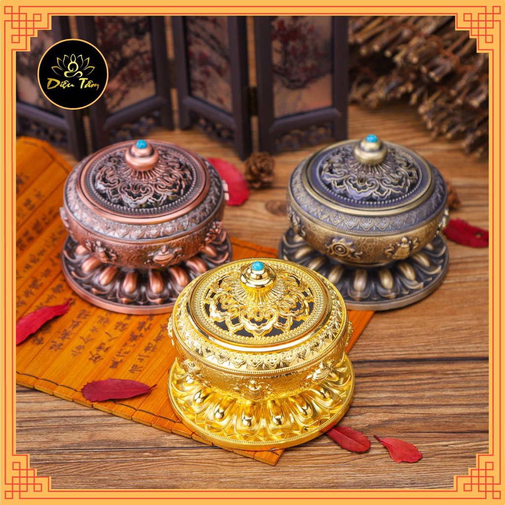 Lư xông trầm hương khắc hình bát bảo cát tường, tặng một hộp trầm nụ và trụ cắm nhang vòng.