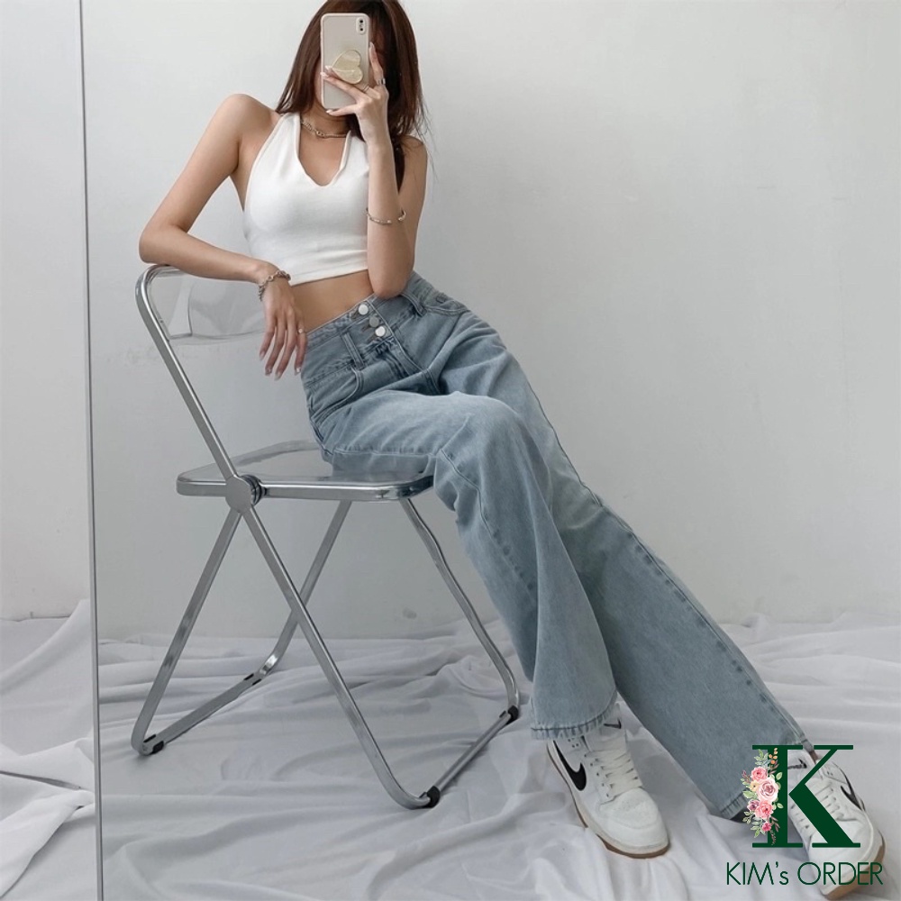 Quần Jean Nữ Cạp Cao 3 Cúc Màu Xanh Bạc Ống Suông Lưng Cao Phong Cách Hàn Quốc Hàng Quảng Châu Chất Jeans Mặc Hàng Ngày