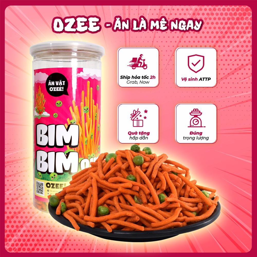 Bim bim que (tăm đậu), bim bim đậu hà lan Ozee hộp 380g, Ăn vặt Hà Nội - Ăn là mê ngay