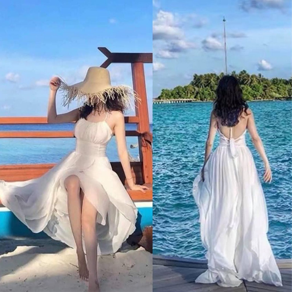 Đầm maxi trắng boho dáng dài đi biển 2 dây hớ lưng xẻ tà công chúa chụp hình kỉ yếu nàng thơ XUKA DRESS MT047