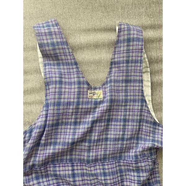 Quần yếm jumpsuit linen ống suông hoạ tiết caro tím vintage - secondhand