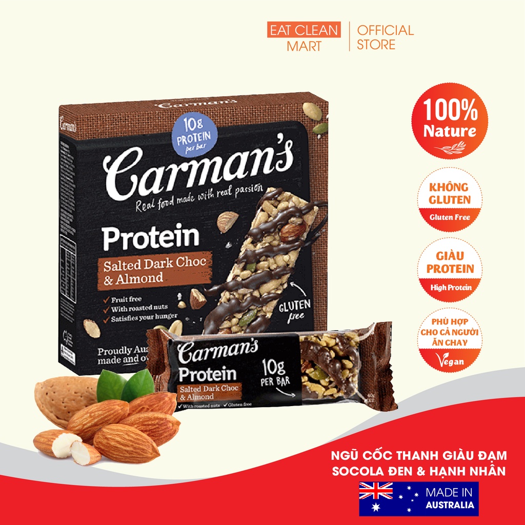 Thanh Hạt Dinh Dưỡng Giàu Đạm Carman's Protein Bar Salted Dark Choc & Almond - Chocolate Đen Muối, Hạnh Nhân - 200g