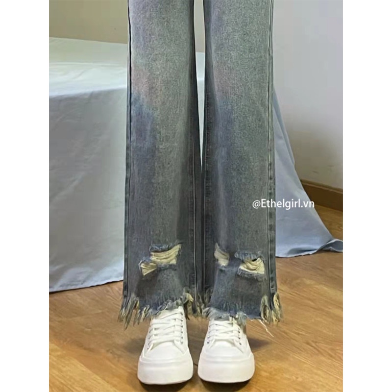 Quần Jean Lưng Cao Ống Suông Rộng Phối Rách Size Xs-2XL Phong Cách retro Mỹ Cho Nữ