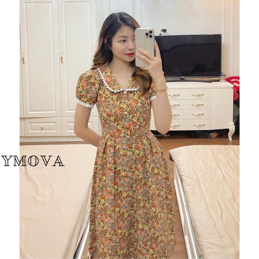Đầm hoa cổ bẻ phối ren Váy nữ body dáng chữ A