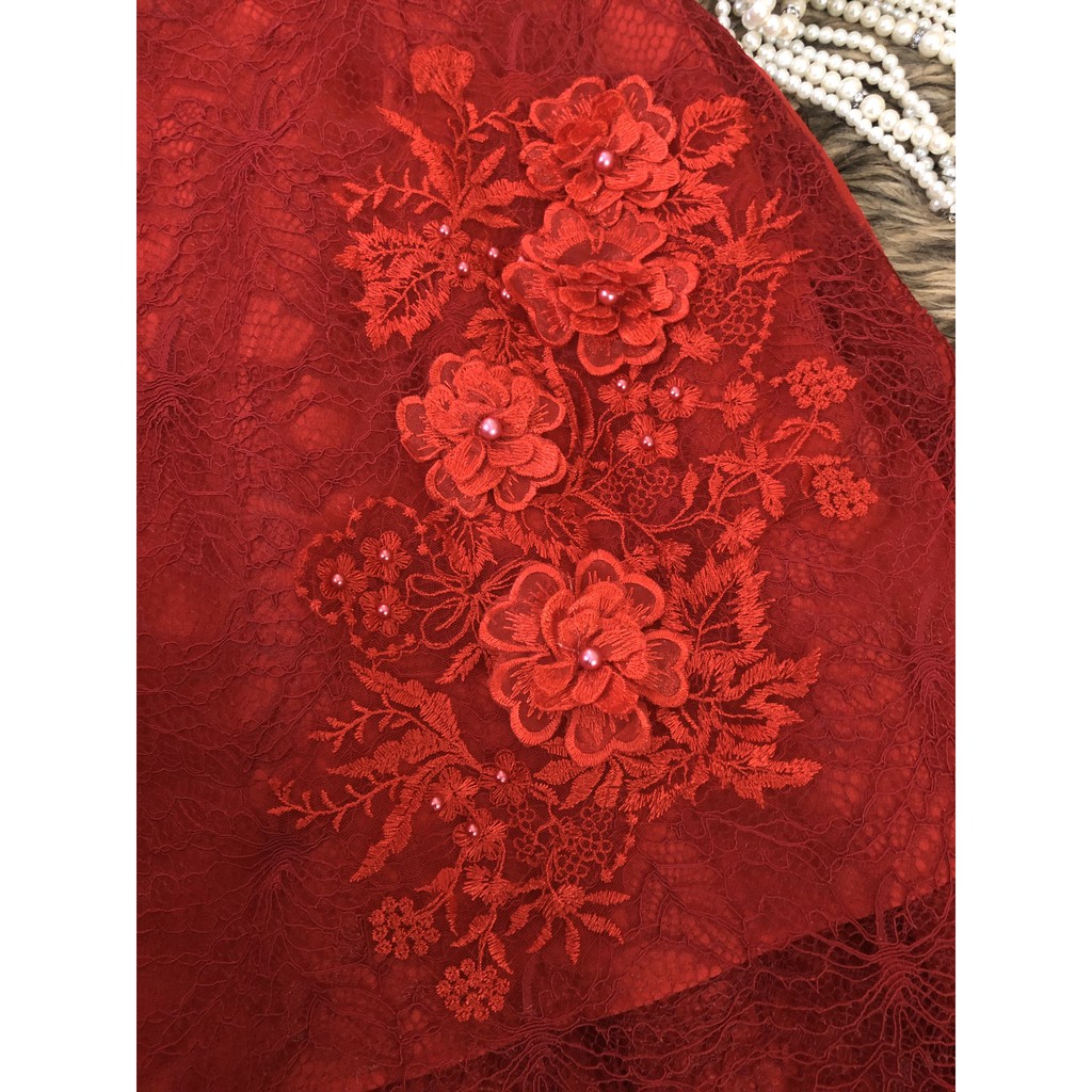 Set áo dài đỏ thêu hoa S881 - Đẹp Shop DVC (Kèm ảnh thật trải sàn do shop tự chụp)