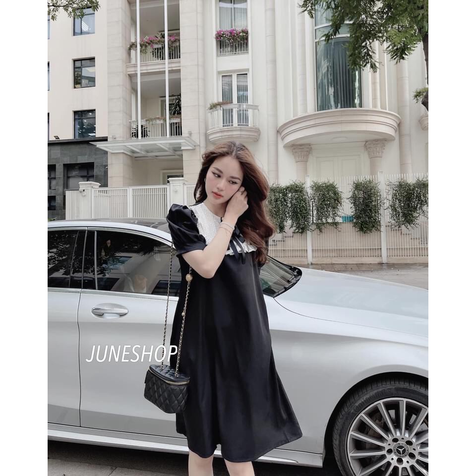 Đầm bầu thiết kế trẻ trung công sở đen dáng suông cổ tròn phối ren trắng nơ đen cách điệu trẻ trung