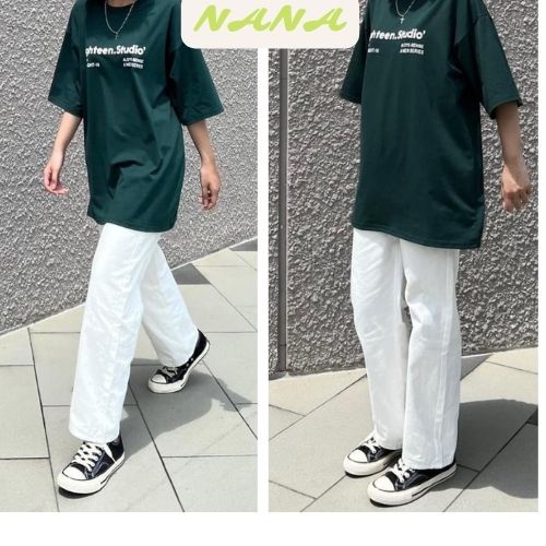 Set áo thun form rộng EIGH mix quần dài trắng kaki / Bộ đồ nữ dáng thụng áo phông trẻ trung, cá tính Nanashop