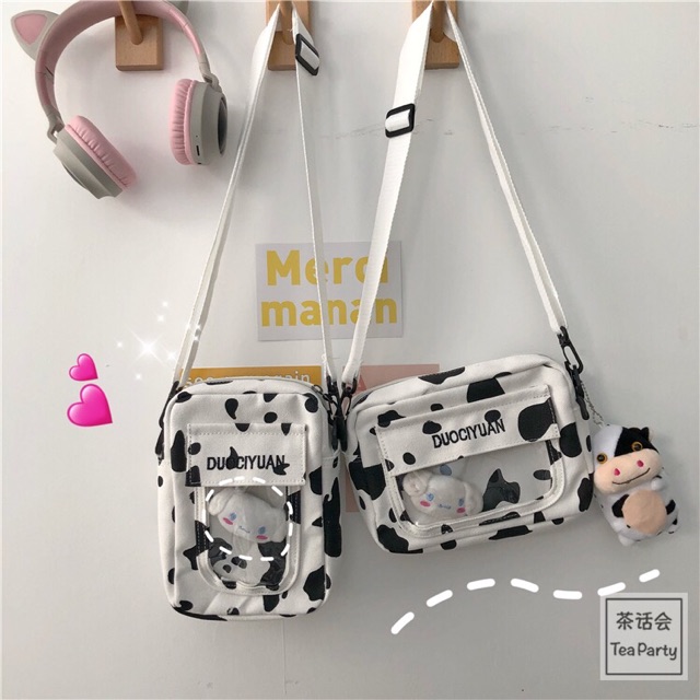 Túi bò sữa phối trong suốt ngang dọc siêu xinh(có sẵn không kèm phụ kiện, móc khoá)