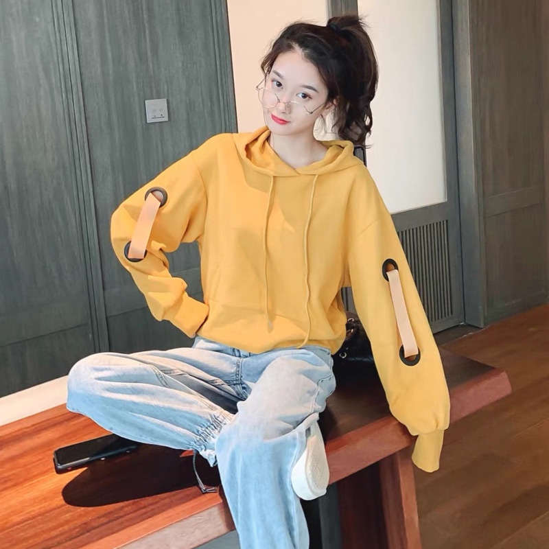 Áo Hoodie Dài Tay Màu Trơn Phong Cách Hàn Quốc Cho Nữ