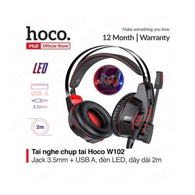 Tai nghe chụp tai Hoco W102 mic đàm thoại, tích hợp 2 cổng cắm 3.5mm+USB-A, có đèn LED, đệm chống tiếng ồn, dây dài 2m