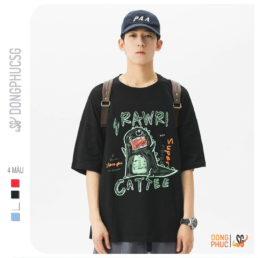 Áo thun tay lỡ unisex form rộng nam nữ ulzzang mẫu khủng long Cattee chất thun dày dặn TL03