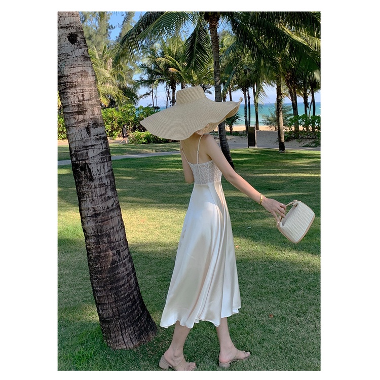 Đầm Hai Dây Vải satin Thêu Ren Phong Cách retro Pháp 2023 Mới