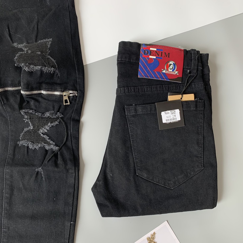 Quần Bò Nam Đen Rách Pha Thêu Khoá Zip Đùi Gối Cực Đẹp | BigBuy360 - bigbuy360.vn