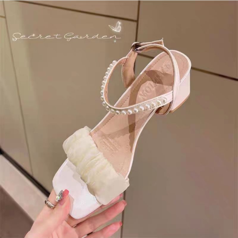 sandal cao gót voan tơ phối ngọc mã v19