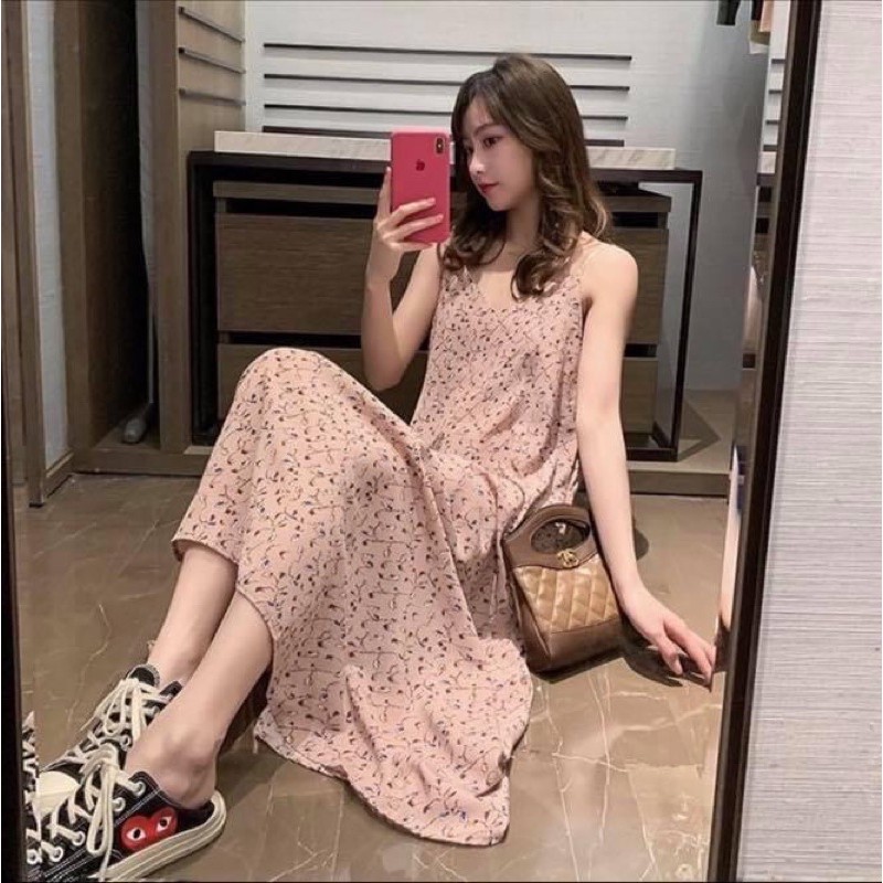 Đầm maxi dài hai dây hoa nhí suông - Order taobao quảng châu