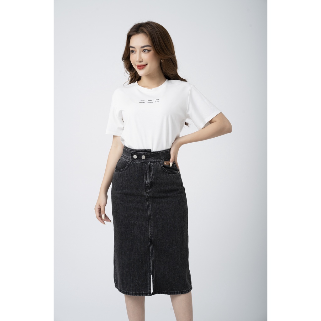 Áo cotton nữ dáng suông phông rộng ngắn tay in chữ thân trước FIONA F522165