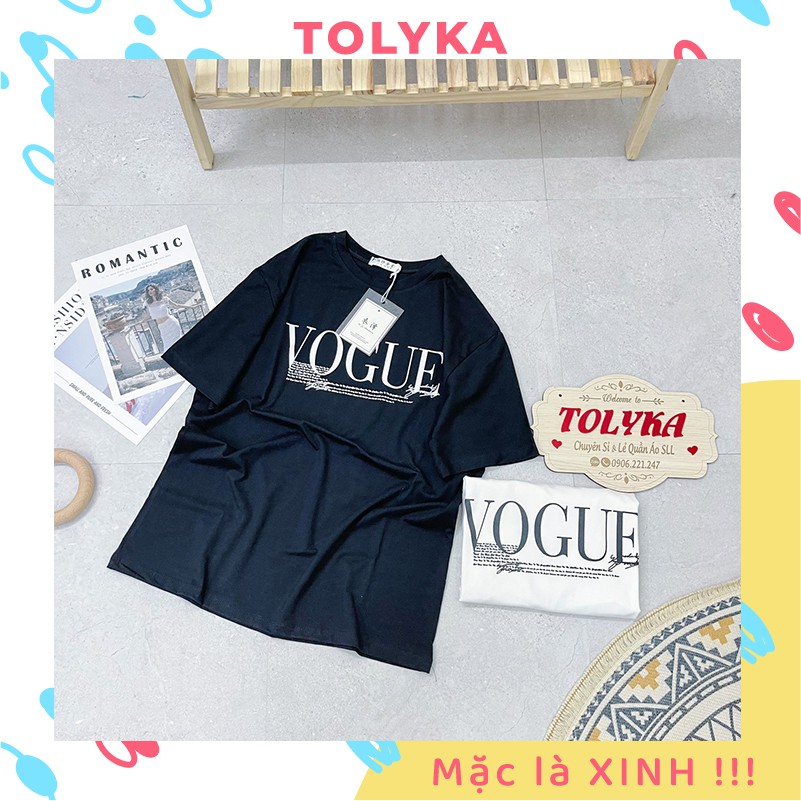 Áo thun tay Lỡ form rộng đẹp, áo phông cotton in chữ VOGUE TOLYKA - AT03