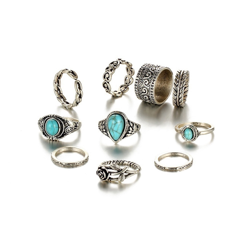 Creative 10PCS/Set Simple Vintage Metal Turquoise Geometric Ring Alloy Rings Sets Gifts