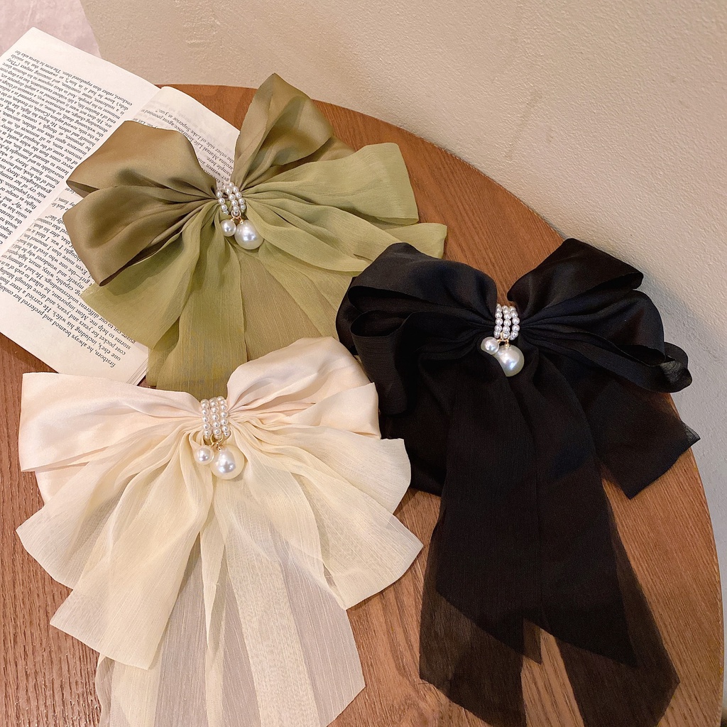 Kẹp tóc 17KM nơ vải lụa đính ngọc trai nhiều màu phong cách Hàn Quốc cho phụ nữ