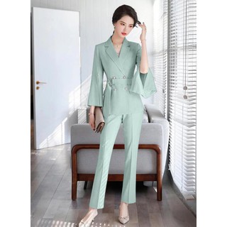 Bộ vest tay xẻ thắt eo cao cấp - set vest kaki lụa công sở sang trọng cho nàng doanh nhân