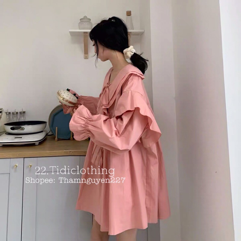 Đầm babydoll dễ thương Ulzzang, váy tay dài form rộng, đầm Oversize hai lớp chất đẹp