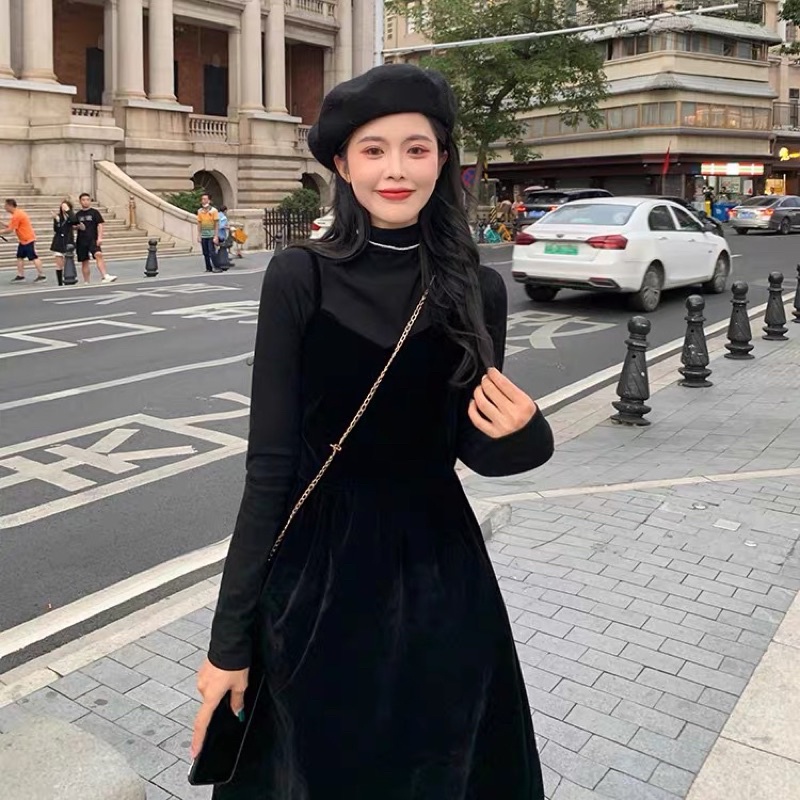 Bigsize m-4xl Set rời áo thu đông - váy 2 dây nhung thắt nơ