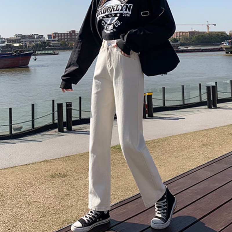 Quần jeans nữ ống rộng lưng cao phong cách Hàn Quốc