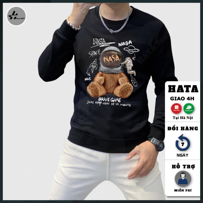Áo sweater nam cổ tròn, Áo thu đông nam chất mịn đẹp dáng ôm in Gấu NASA mã NZ631