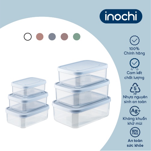 Bộ 6 hộp thực phẩm chữ nhật Inochi-Hokkaido 500-750-1000-1500-2000-2500ml nhiều màu