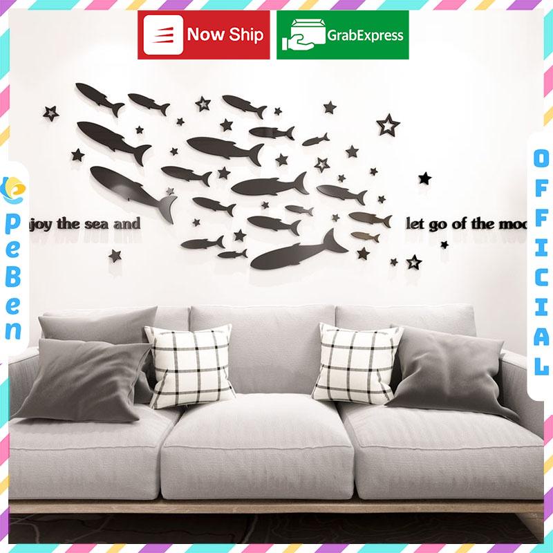 Tranh dán tường mica 3d decor khổ lớn đàn cá bơi về đại dương Nhiều Size - EPeBen